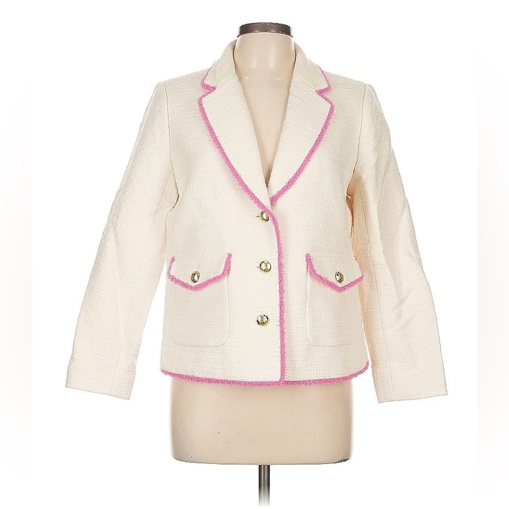 🔥🔥🔥Talbots 100% Cotton Tweed Fringe Pink Trim Petite Blazer Jacket 12P